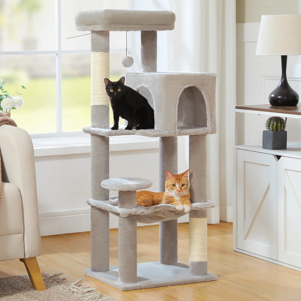 Arbre à chat à plusieurs niveaux avec poteaux à griffer, niche, hamac, griffoir
