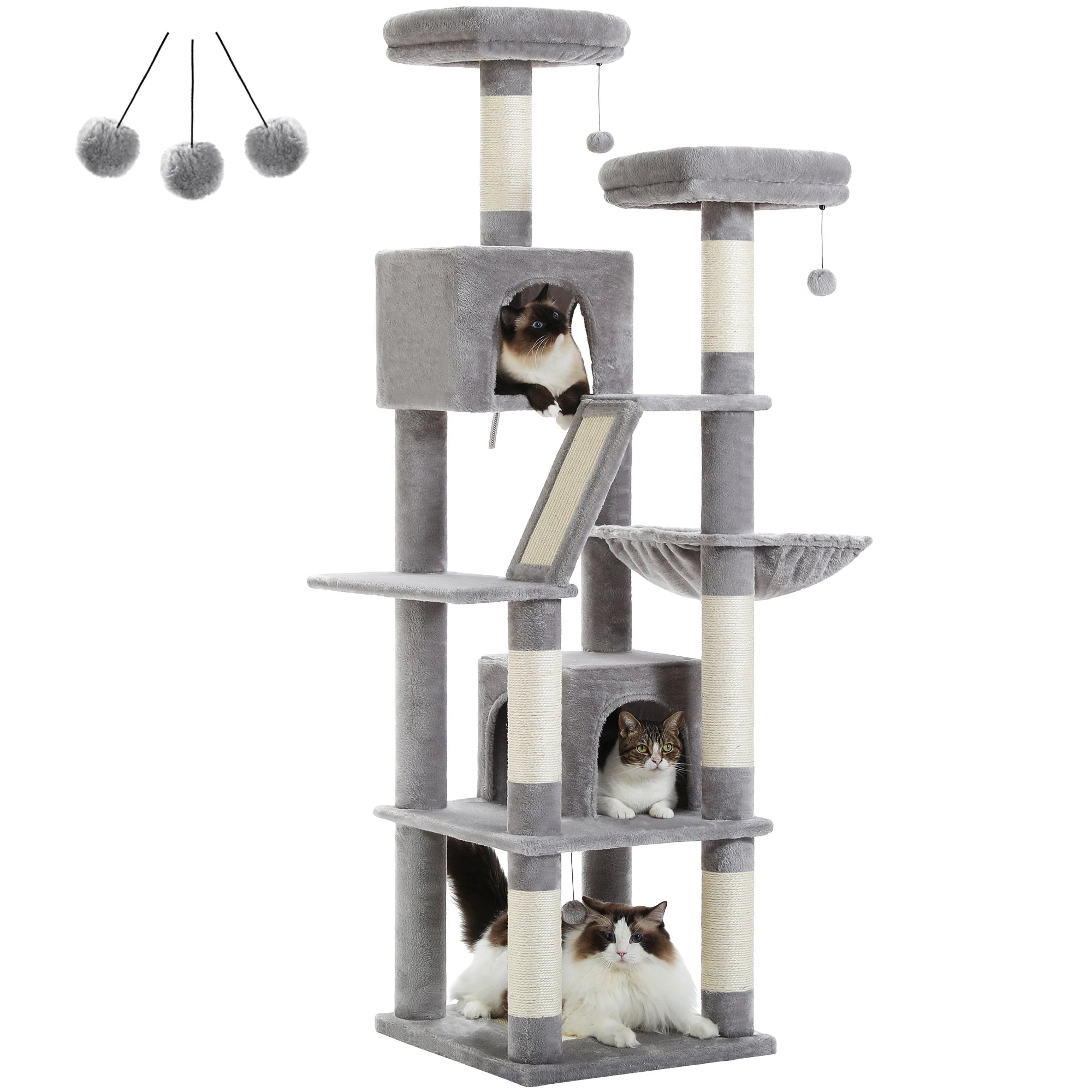 Arbre à chat à plusieurs niveaux avec poteaux à griffer, niche, hamac, griffoir