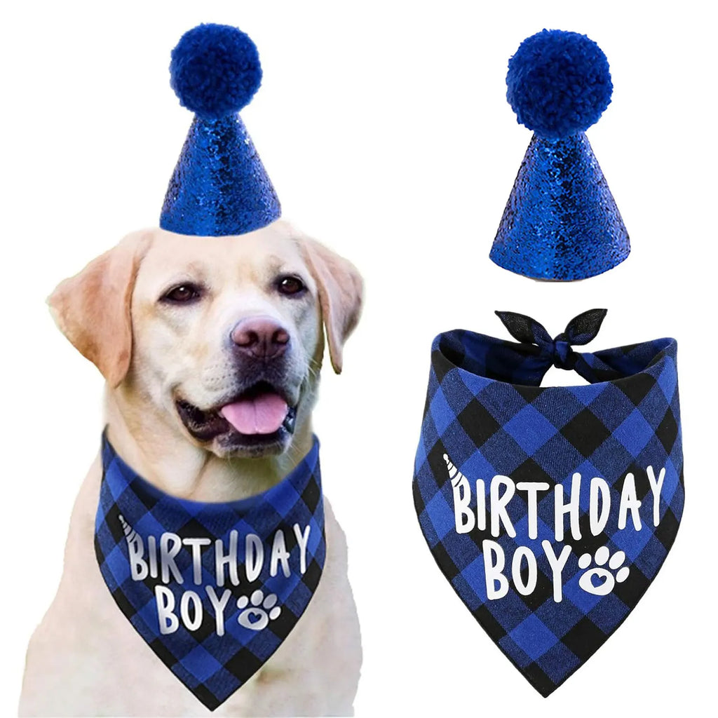 Ensemble de 4 articles pour fête d'anniversaire de chien : bandana « Birthday Boy », chapeau d'anniversaire avec chiffres pour chiens
