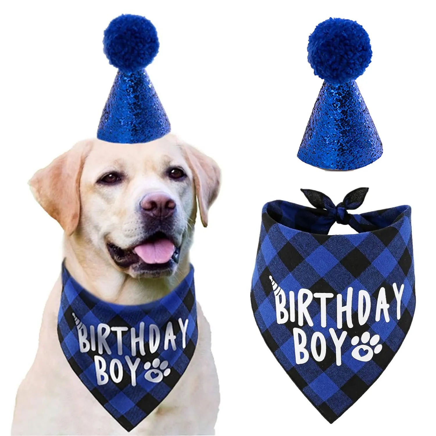 Ensemble de 4 articles pour fête d'anniversaire de chien : bandana « Birthday Boy », chapeau d'anniversaire avec chiffres pour chiens