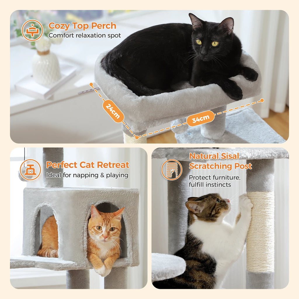 Arbre à chat à plusieurs niveaux avec poteaux à griffer, niche, hamac, griffoir