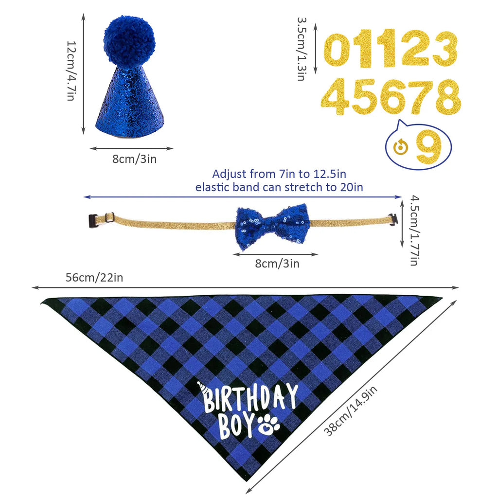 Ensemble de 4 articles pour fête d'anniversaire de chien : bandana « Birthday Boy », chapeau d'anniversaire avec chiffres pour chiens