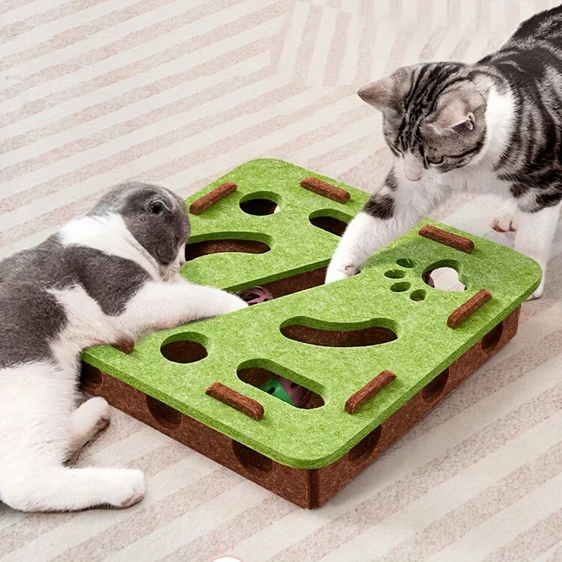 Boîte à jouets interactive pour chat avec labyrinthe, tunnel et balle à clochette