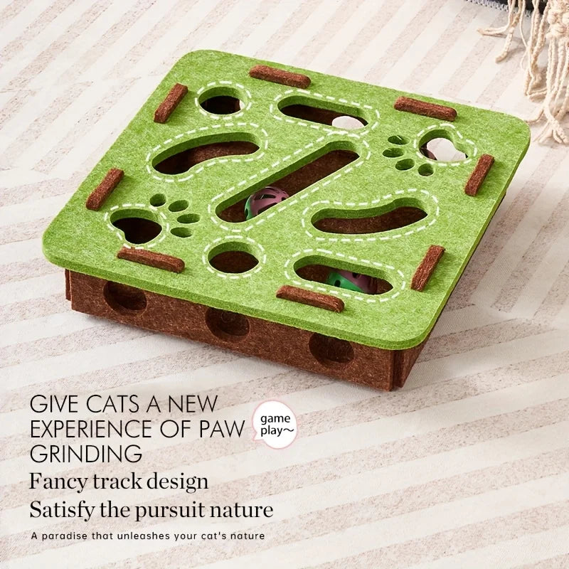 Boîte à jouets interactive pour chat avec labyrinthe, tunnel et balle à clochette