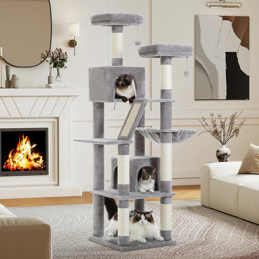 Arbre à chat à plusieurs niveaux avec poteaux à griffer, niche, hamac, griffoir