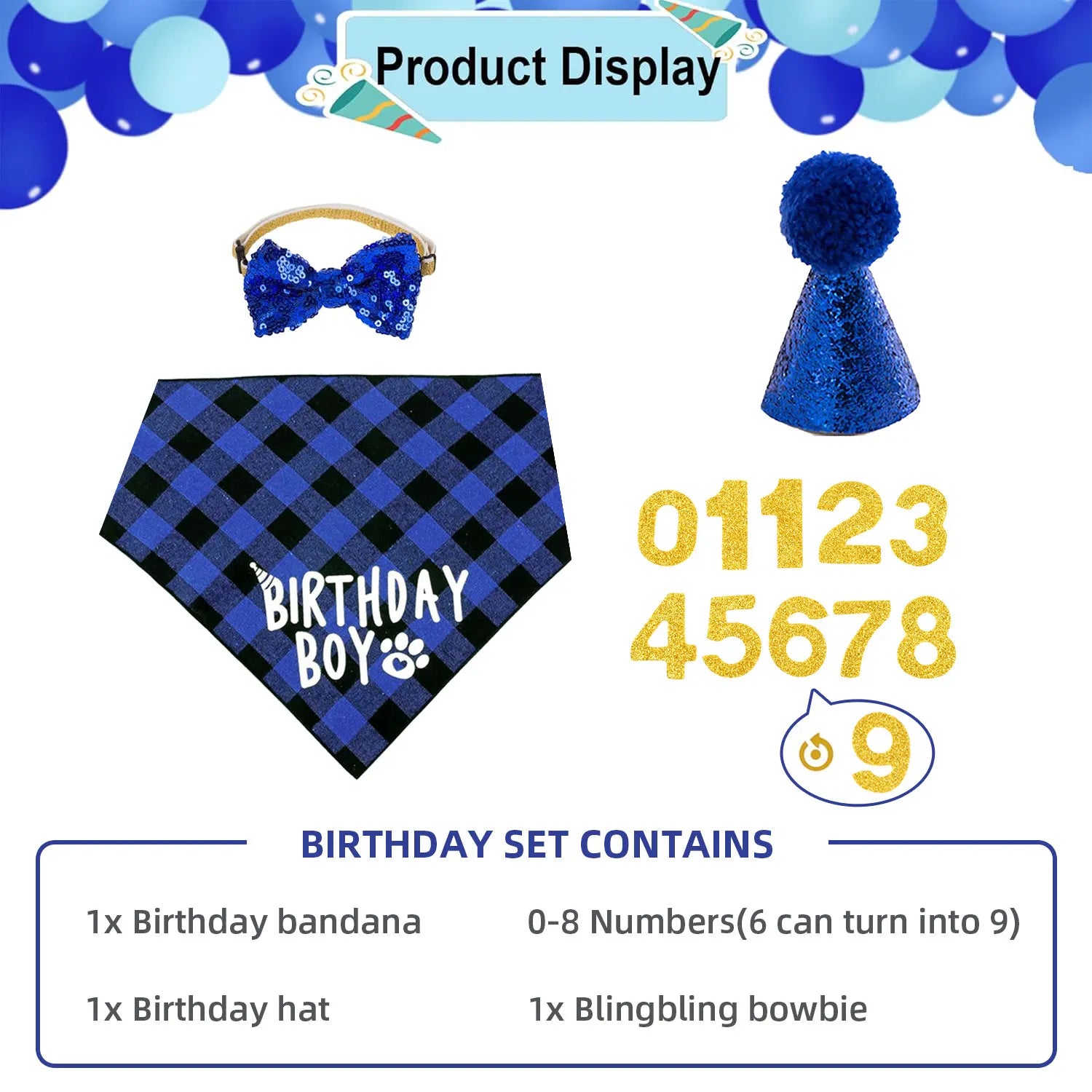 Ensemble de 4 articles pour fête d'anniversaire de chien : bandana « Birthday Boy », chapeau d'anniversaire avec chiffres pour chiens