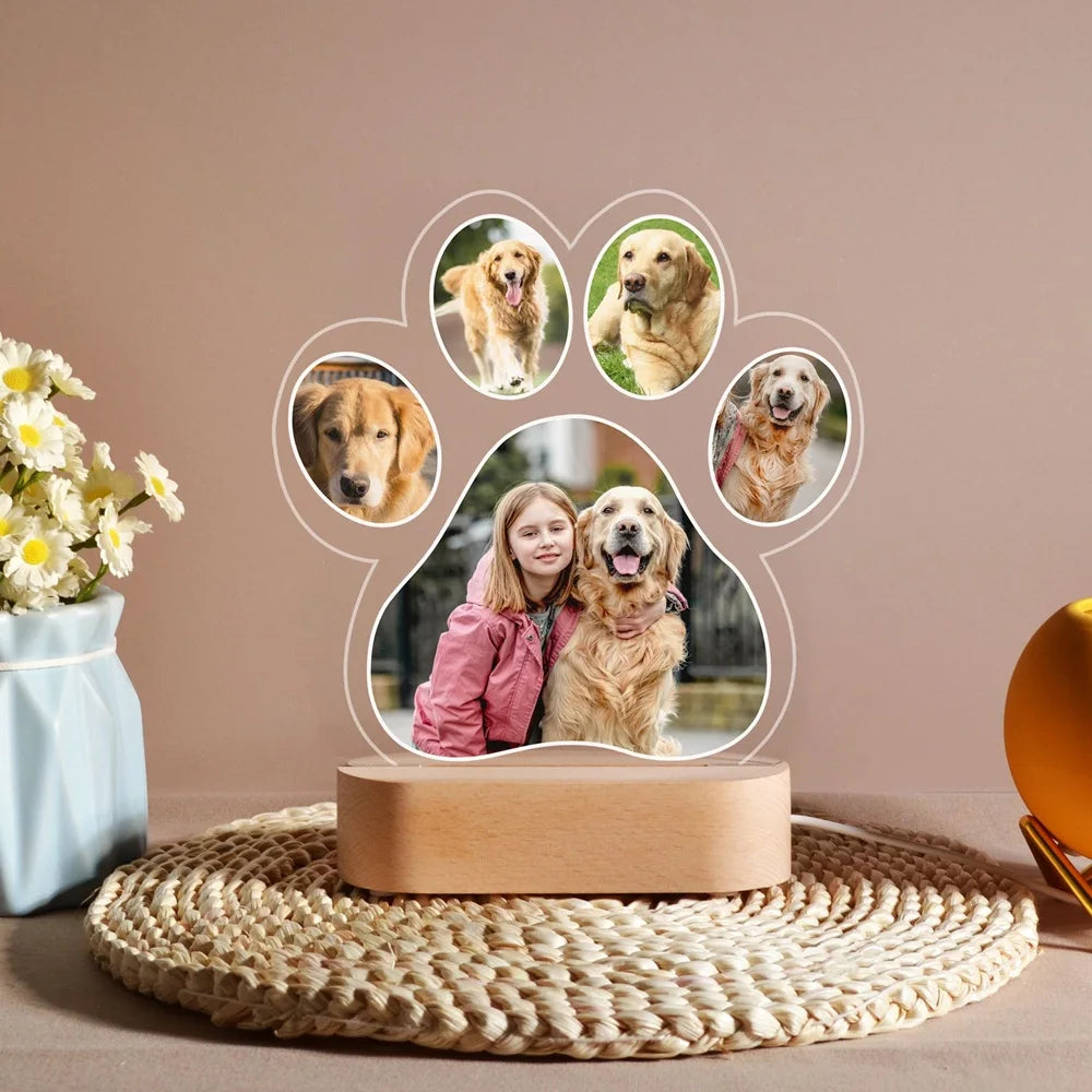 Cadre photo lumineux LED personnalisé en forme de patte de chien