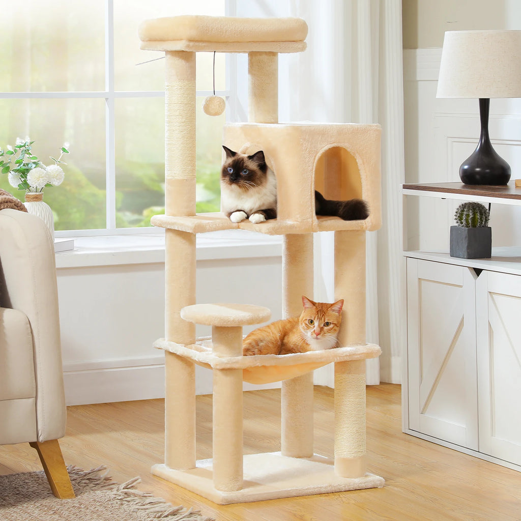 Arbre à chat à plusieurs niveaux avec poteaux à griffer, niche, hamac, griffoir