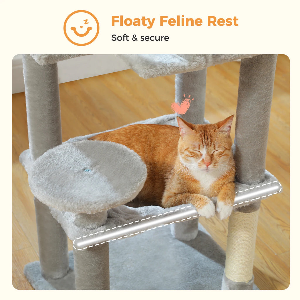 Arbre à chat à plusieurs niveaux avec poteaux à griffer, niche, hamac, griffoir