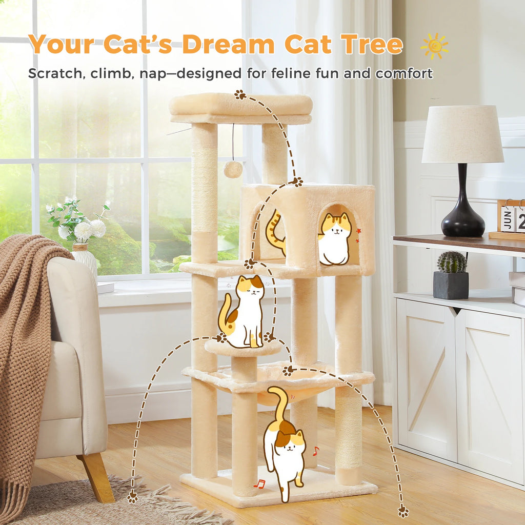 Arbre à chat à plusieurs niveaux avec poteaux à griffer, niche, hamac, griffoir
