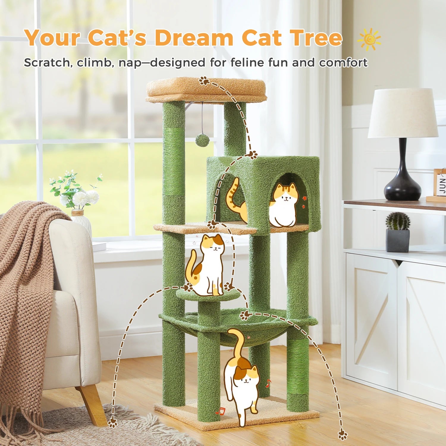 Arbre à chat à plusieurs niveaux avec poteaux à griffer, niche, hamac, griffoir