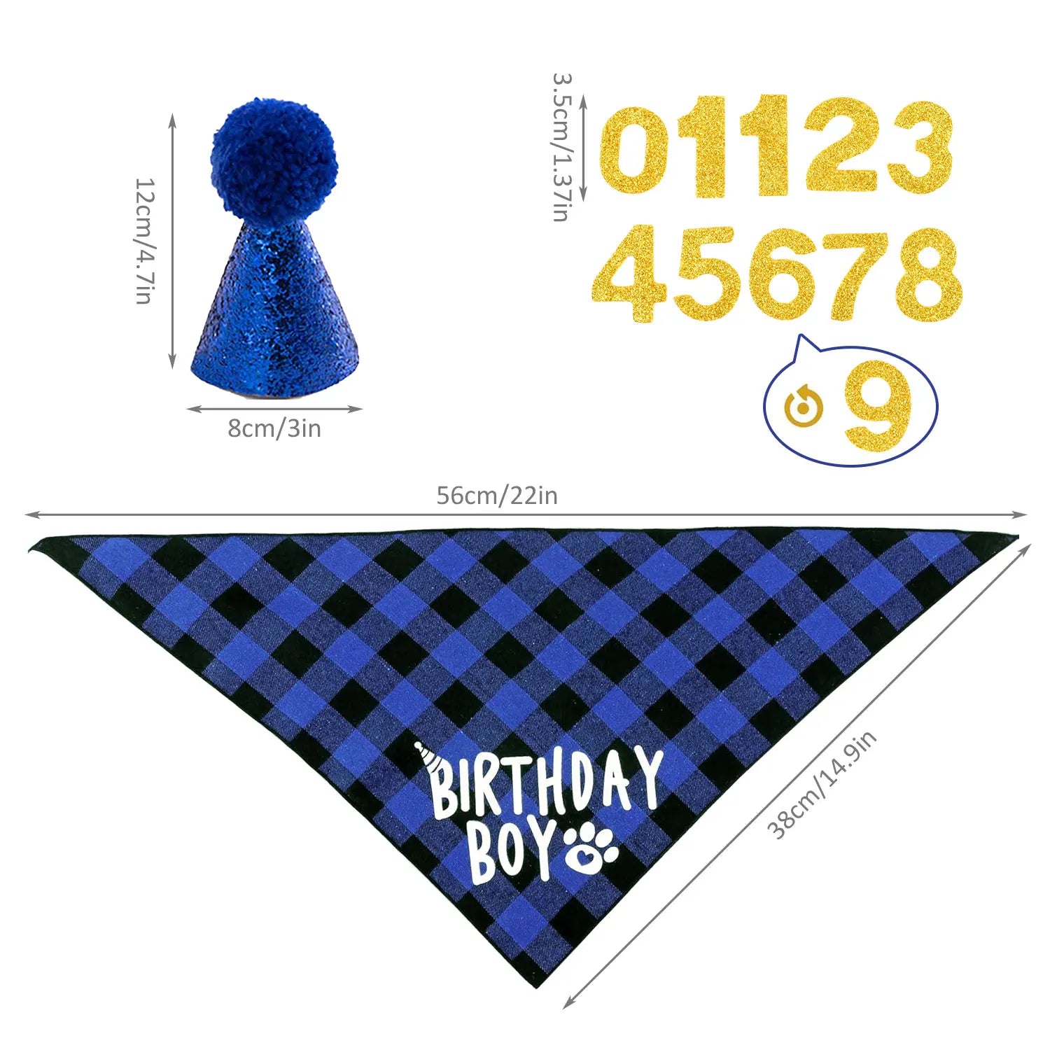 Ensemble de 4 articles pour fête d'anniversaire de chien : bandana « Birthday Boy », chapeau d'anniversaire avec chiffres pour chiens