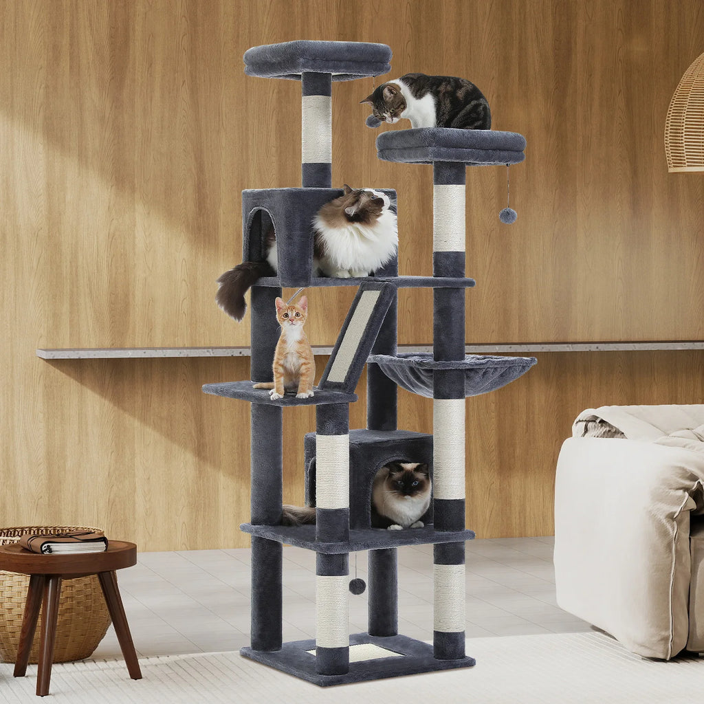 Arbre à chat à plusieurs niveaux avec poteaux à griffer, niche, hamac, griffoir