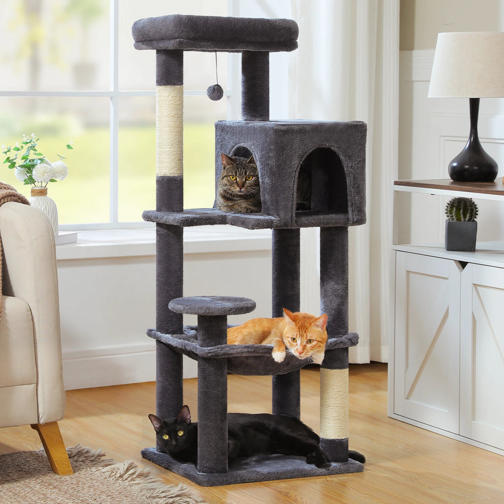 Arbre à chat à plusieurs niveaux avec poteaux à griffer, niche, hamac, griffoir