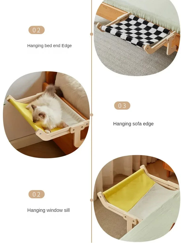 Hamac suspendu pour chat à fixer à la fenêtre, en bois massif, avec lit et nid pour bronzer