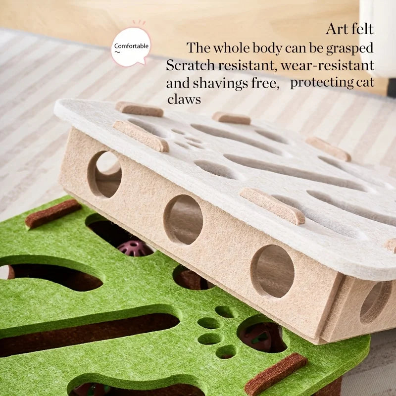 Boîte à jouets interactive pour chat avec labyrinthe, tunnel et balle à clochette