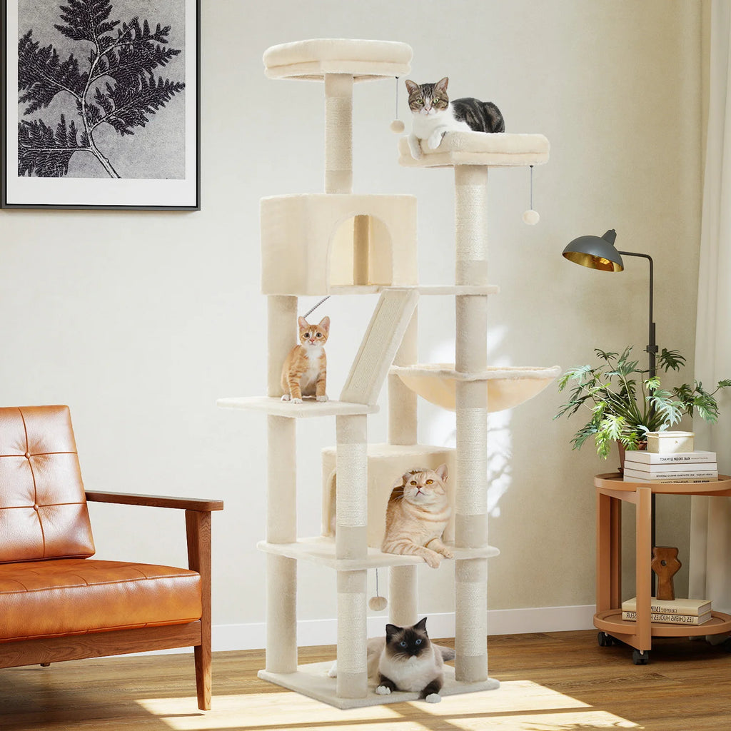 Arbre à chat à plusieurs niveaux avec poteaux à griffer, niche, hamac, griffoir