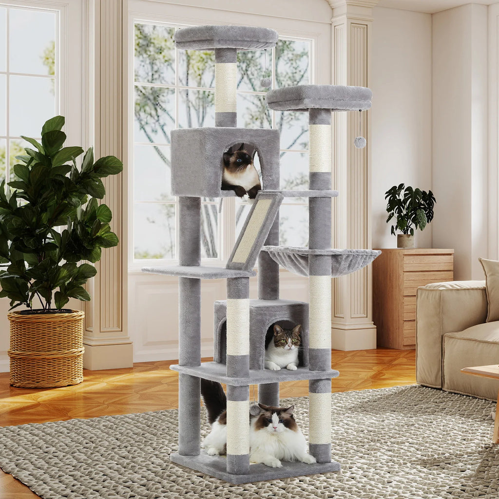 Arbre à chat à plusieurs niveaux avec poteaux à griffer, niche, hamac, griffoir