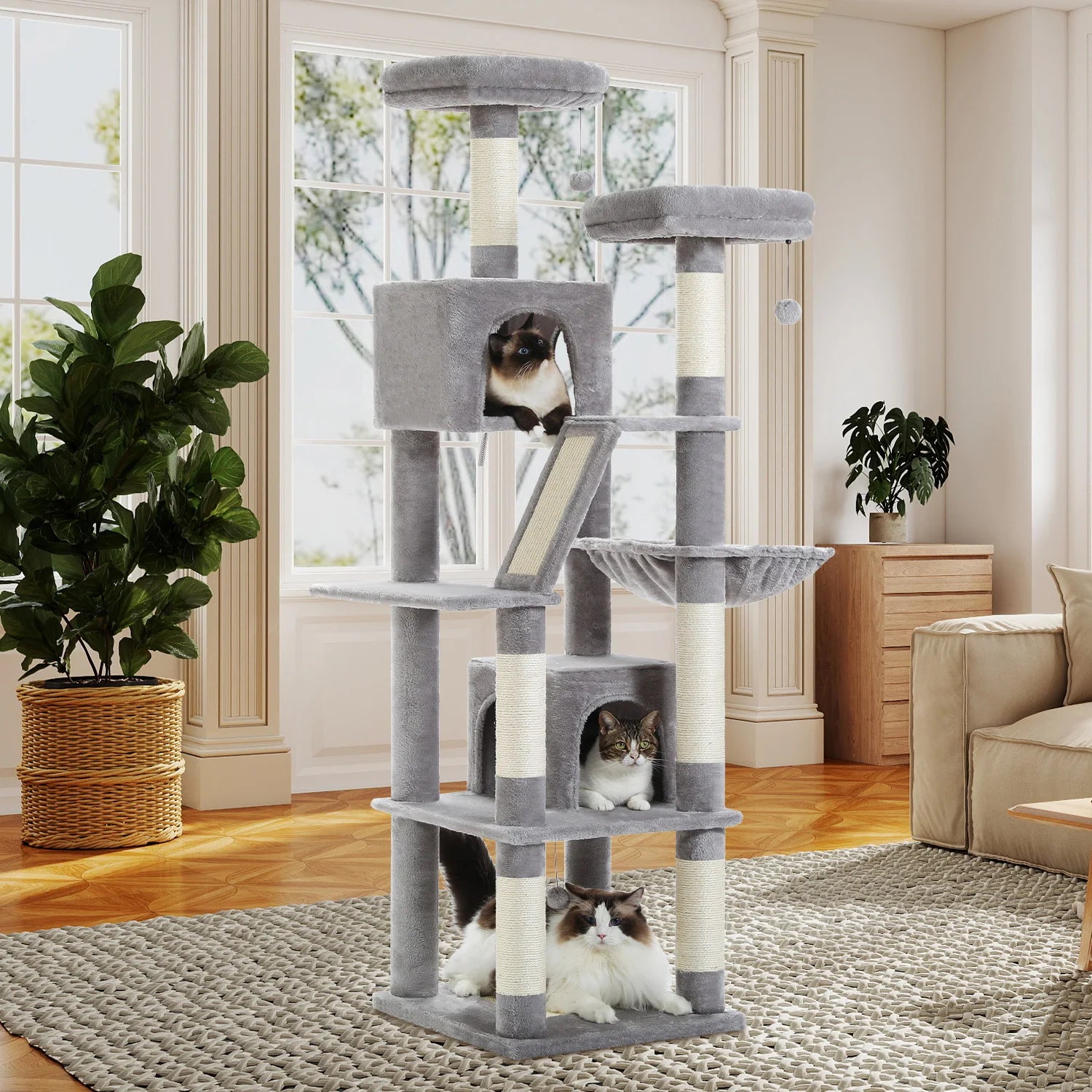 Arbre à chat à plusieurs niveaux avec poteaux à griffer, niche, hamac, griffoir