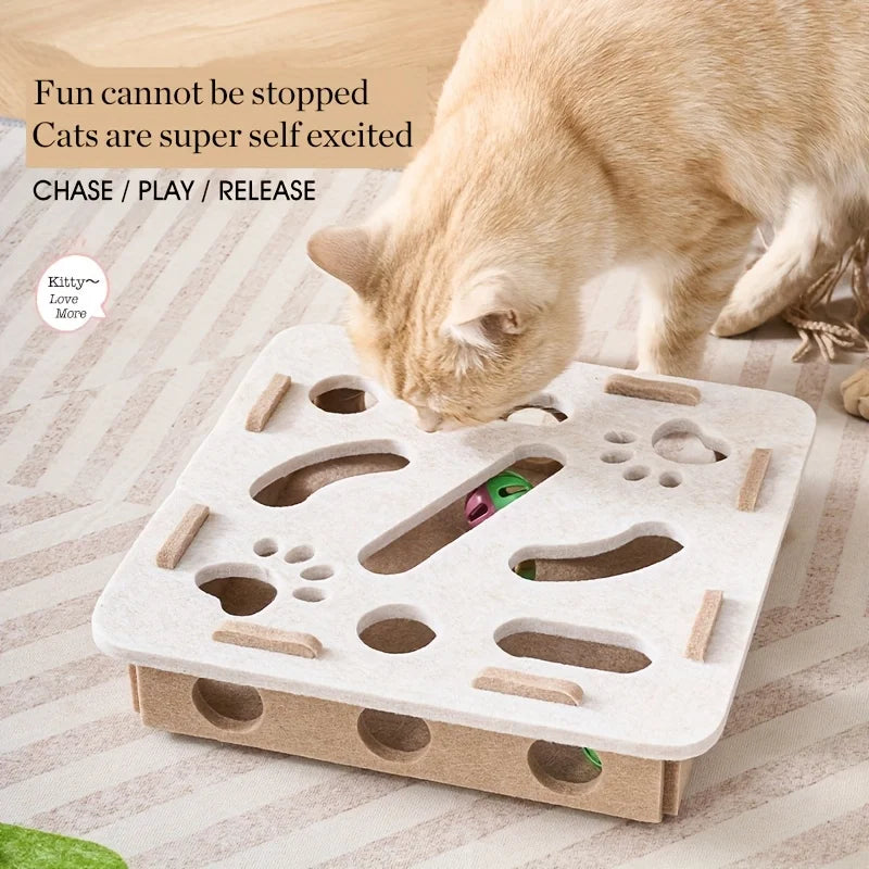 Boîte à jouets interactive pour chat avec labyrinthe, tunnel et balle à clochette