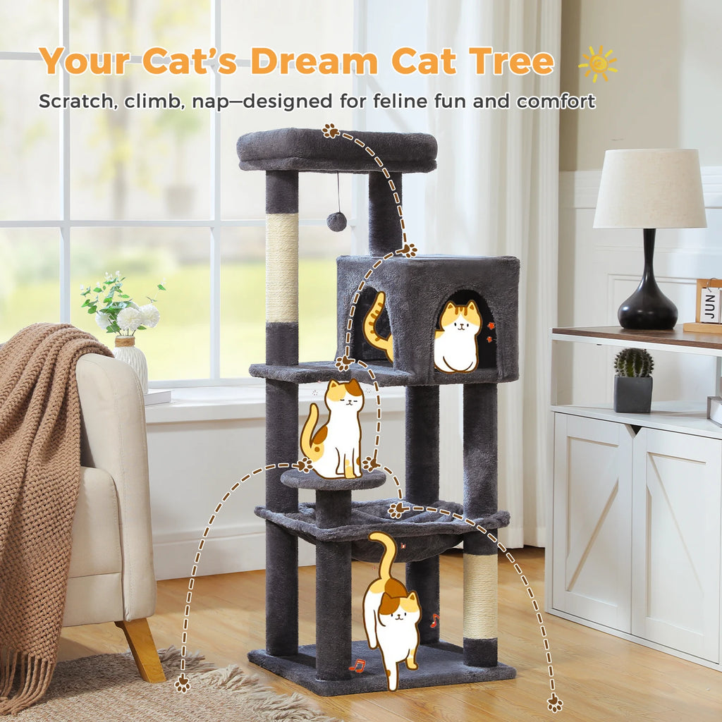 Arbre à chat à plusieurs niveaux avec poteaux à griffer, niche, hamac, griffoir