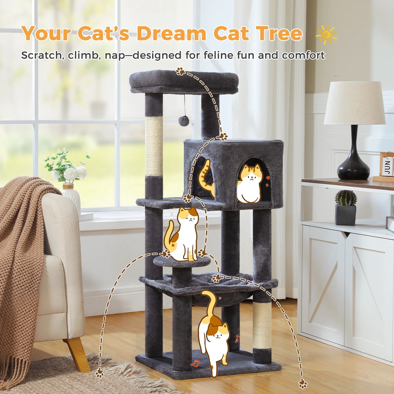 Arbre à chat à plusieurs niveaux avec poteaux à griffer, niche, hamac, griffoir
